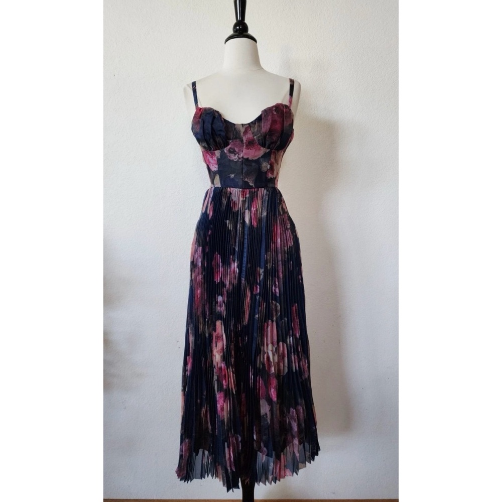 NEW Lulu’s Floral Pleated Navy and Pink Midi Dress